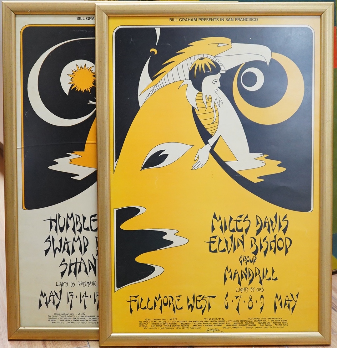 A pair of David Singer designed, Aubrey Beardsley style posters promoting upcoming artists at Fillmore West, San Francisco, May 1971, promoted by Bill Graham, artists include Miles Davis, Humble Pie, etc., framed, 52 x 3